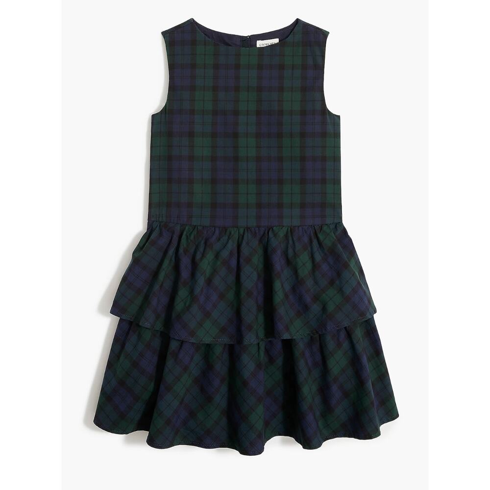 Crewcuts J Crew Girls Poplin Black Watch Green Navy Blue Plaid Ruffle Dress 7